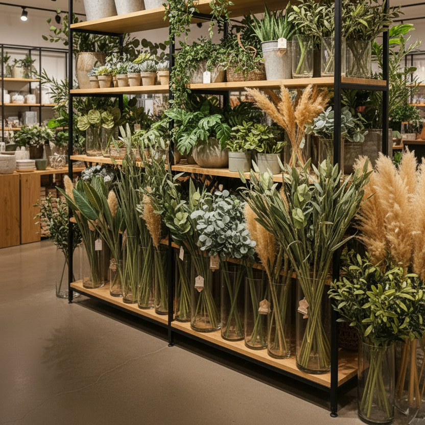 shelving unit with light wood shelves, filled with an assortment of green artificial  houseplants, potted artificial ferns, and dried pampas grass in a retail store..