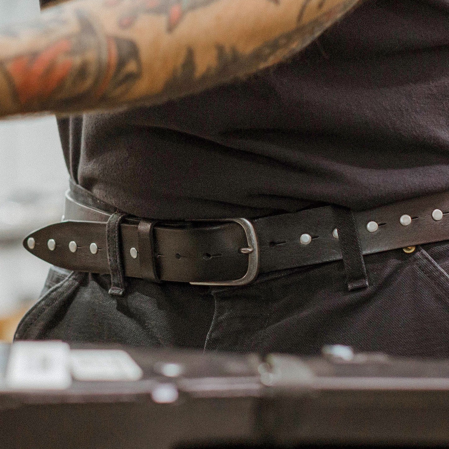 Single Studded Belt by Will Leather Goods in black leather with silver studs and matte buckle on Tampa Home & Garden Store