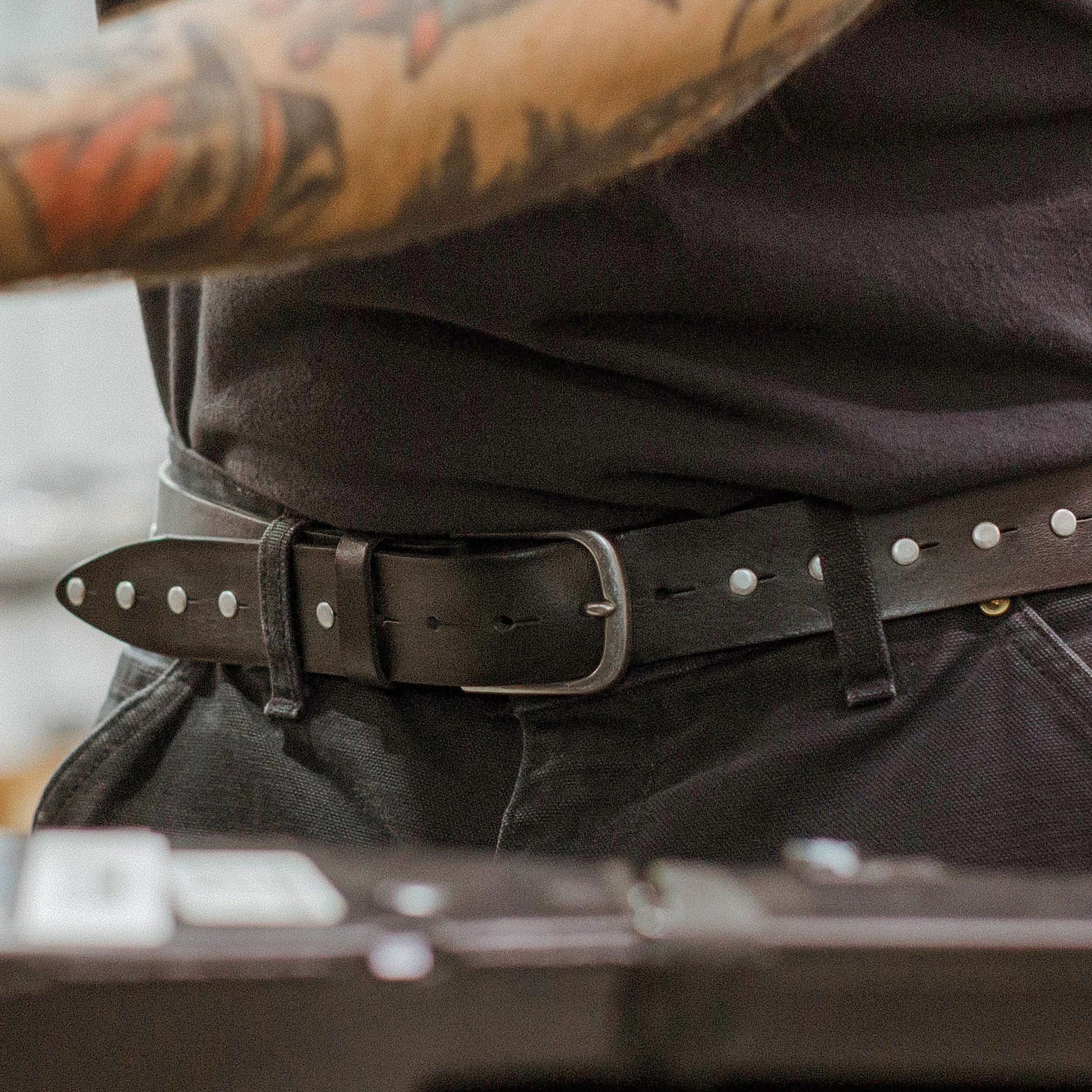 Single Studded Belt by Will Leather Goods in black leather with silver studs and matte buckle on Tampa Home & Garden Store