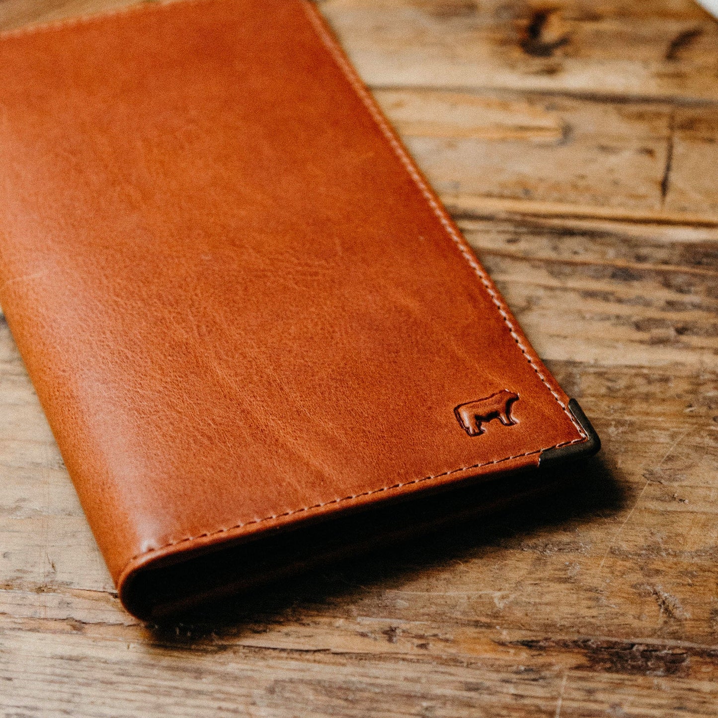 William Pocket Secretary Wallet tan leather card case from Will Leather Goods with logo on Tampa Home & Garden Store