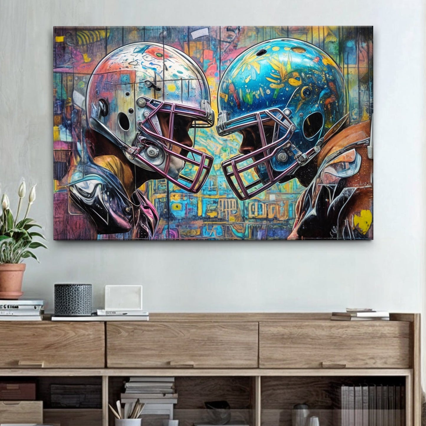 Helmet Clash sport wall art canvas; two football helmets collide against graffiti backdrop on Tampa Home & Garden Store