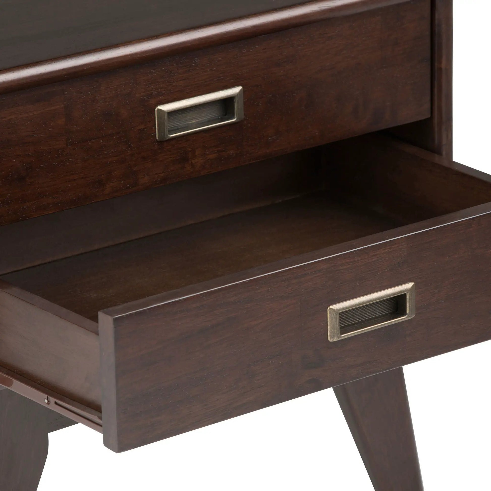 Draper Handcrafted Mid Century End Table in dark walnut with metal rectangular drawer pull on Tampa Home & Garden Store