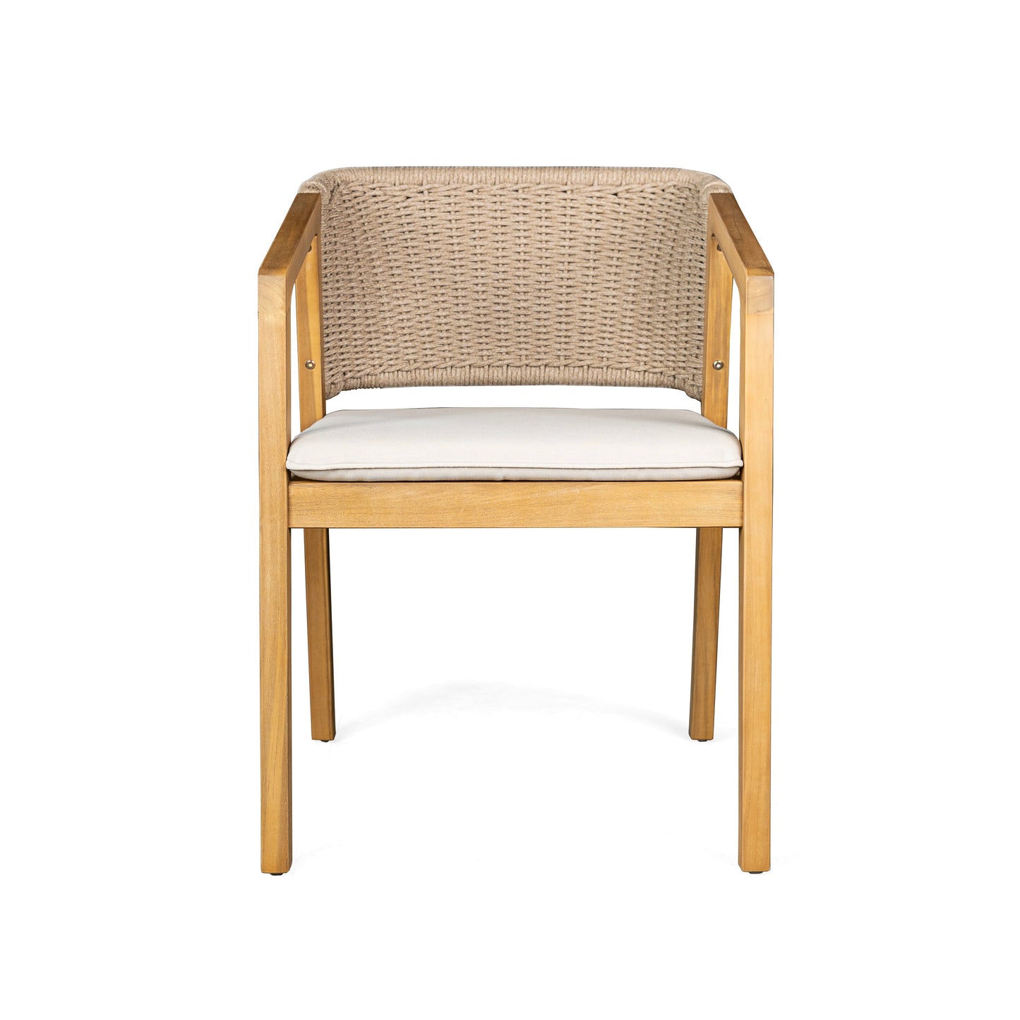 Acacia rope dining chair with beige cushion and natural wood arms on Tampa Home & Garden Store