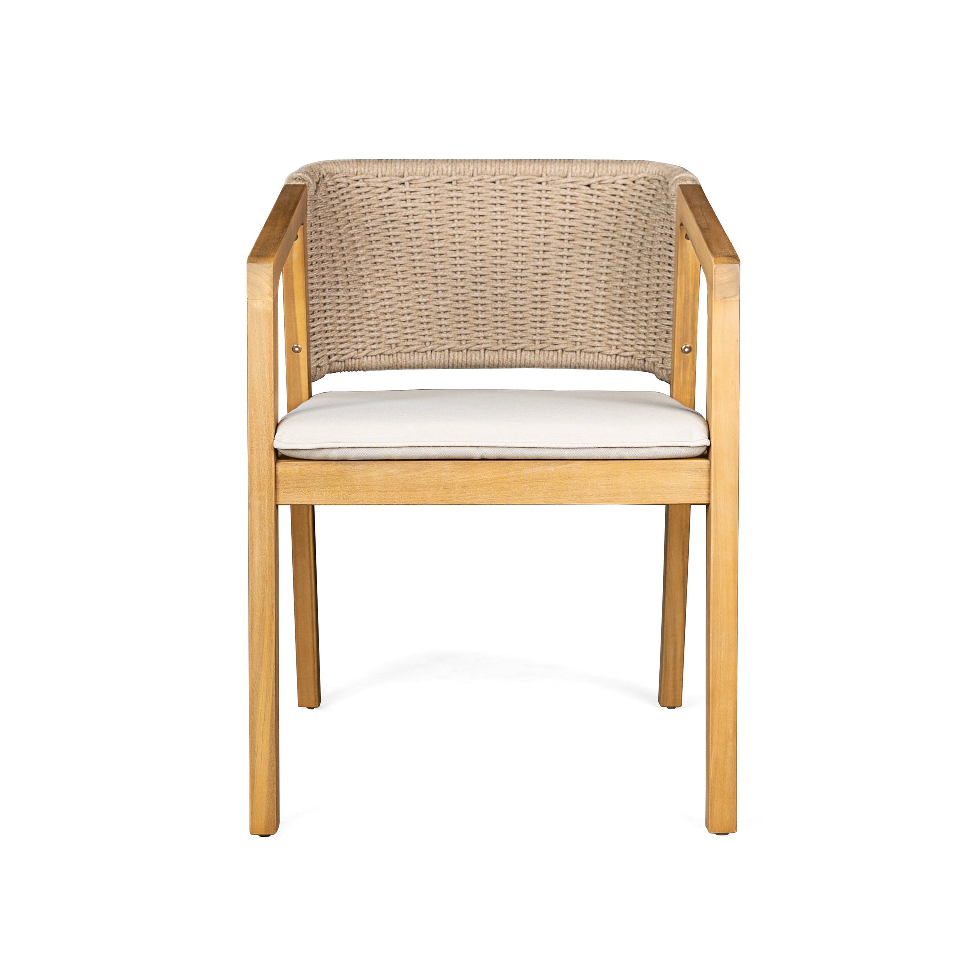Acacia rope dining chair with beige cushion and natural wood arms on Tampa Home & Garden Store