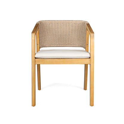 Acacia rope dining chair with beige cushion and natural wood arms on Tampa Home & Garden Store