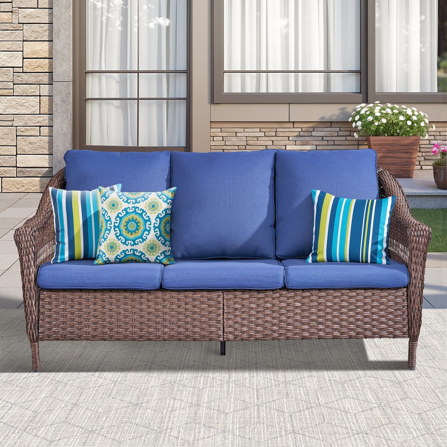 67.3 inch outdoor wicker patio sofa with blue cushions by HouseOfZazla on Tampa Home & Garden Store