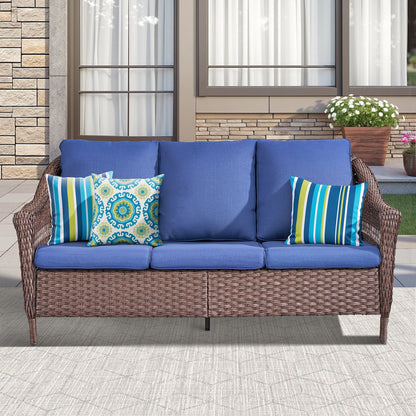67.3 inch outdoor wicker patio sofa with blue cushions by HouseOfZazla on Tampa Home & Garden Store