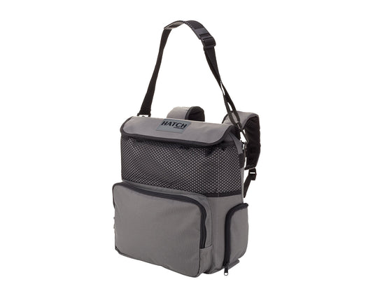 Canvas Series Backpack Cooler Hatch; grey canvas cooler with black mesh pocket on Tampa Home & Garden Store