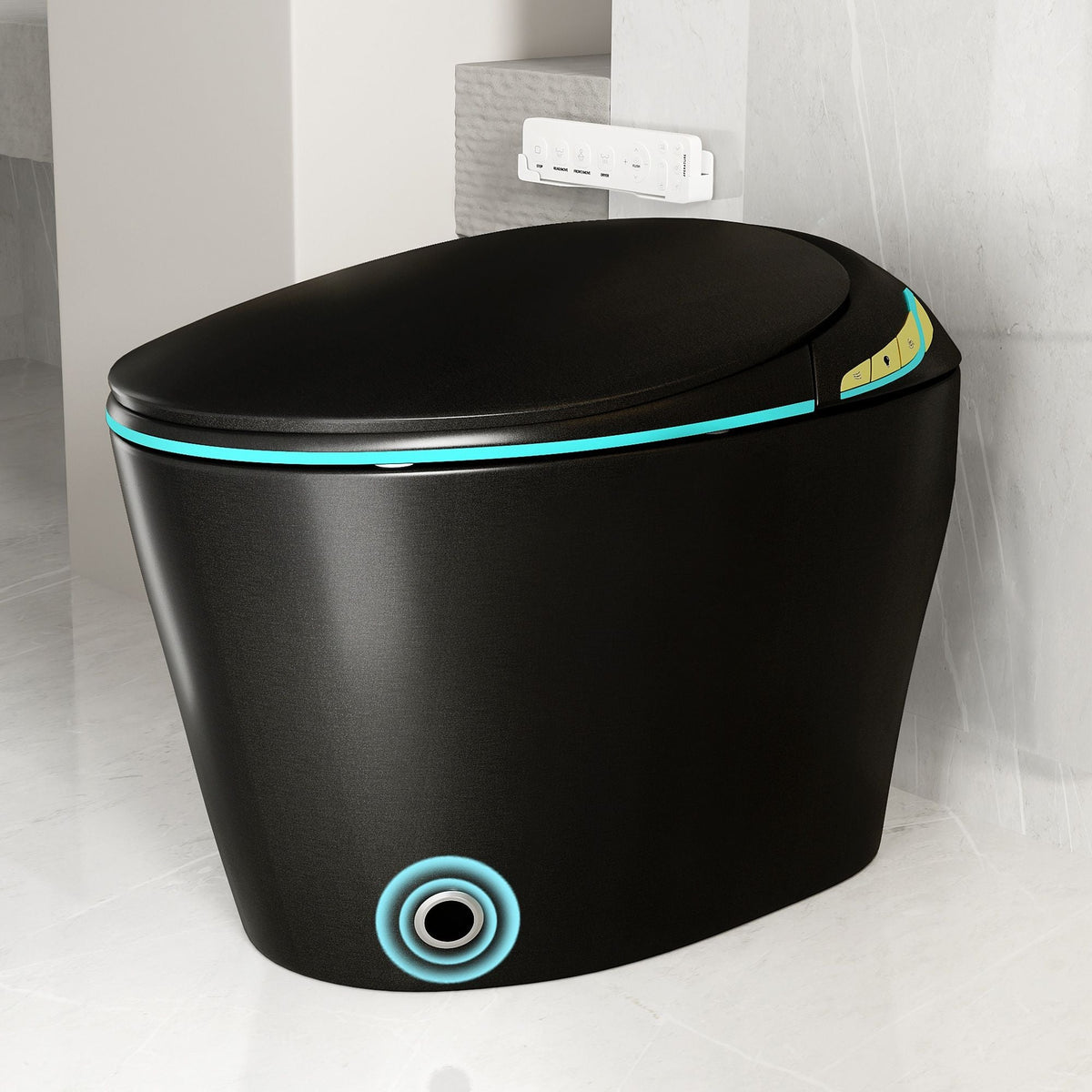 Smart Toilet matte black ceramic with turquoise accent and wall-mounted remote on Tampa Home & Garden Store