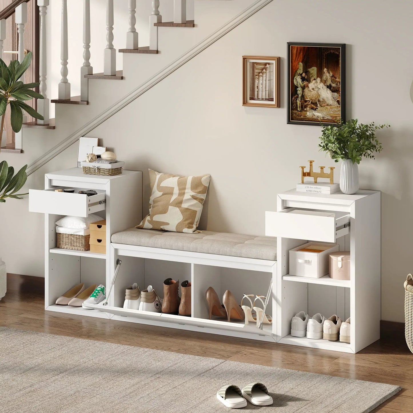 Set of 2 white entryway storage benches with cushioned seats, drawers and open shoe shelves on Tampa Home & Garden Store