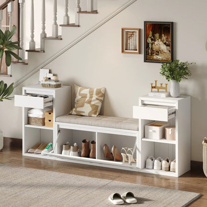 Set of 2 white entryway storage benches with cushioned seats, drawers and open shoe shelves on Tampa Home & Garden Store