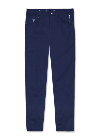 Seaport Pants navy blue with light blue logo embroidery on left pocket by White Water Life on Tampa Home & Garden Store