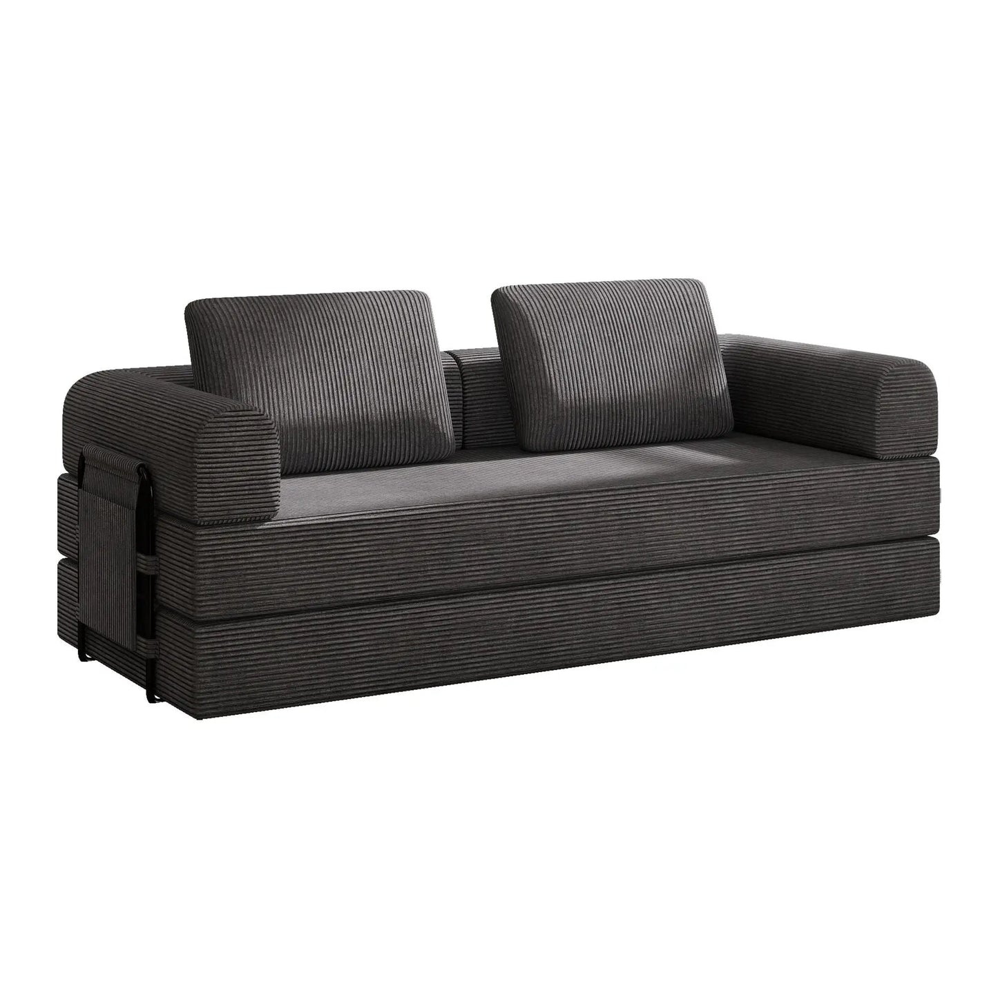 Convertible sleeper sofa bed with cylindrical bolster pillows in dark ribbed fabric on Tampa Home & Garden Store