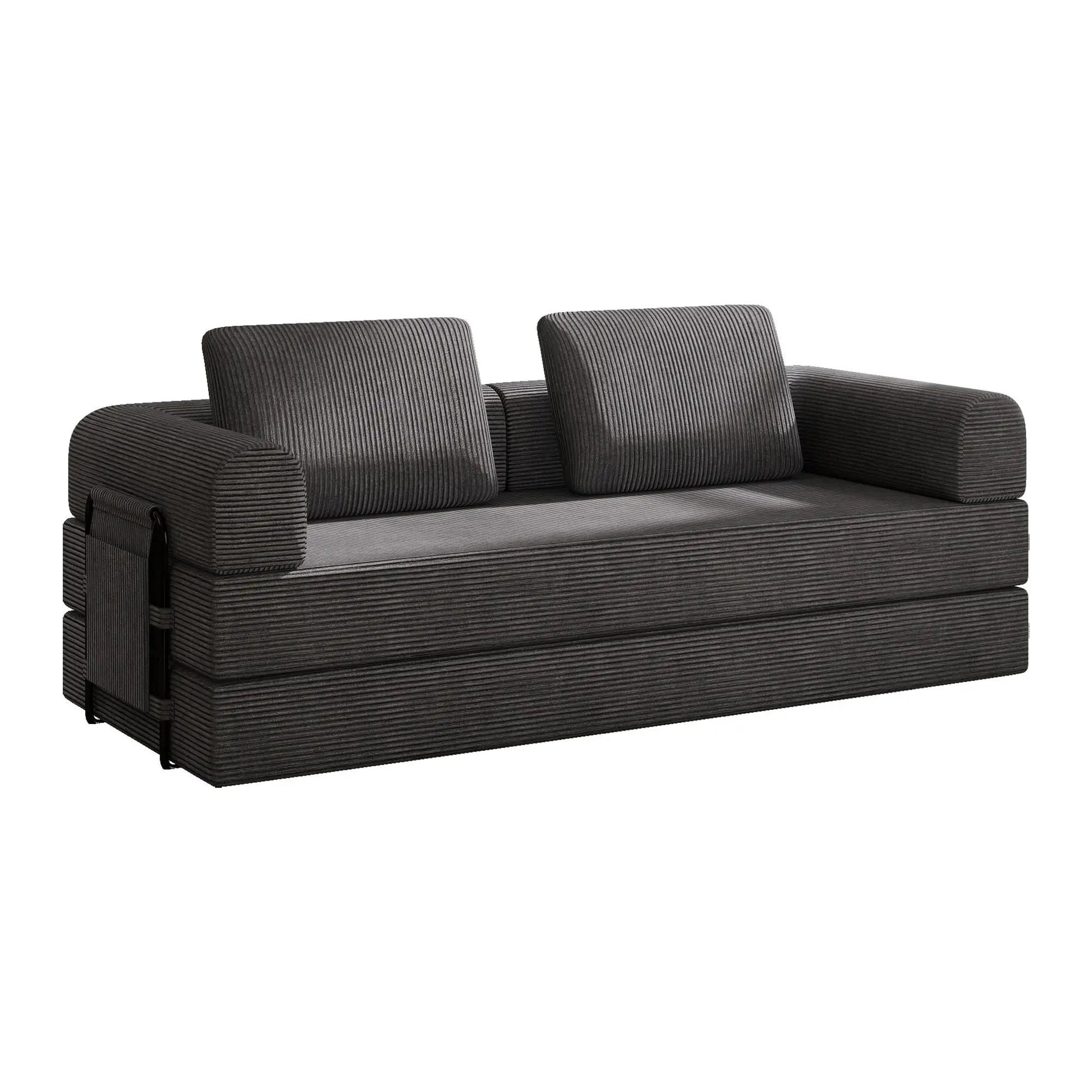 Convertible sleeper sofa bed with cylindrical bolster pillows in dark ribbed fabric on Tampa Home & Garden Store