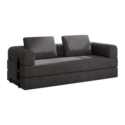 Convertible sleeper sofa bed with cylindrical bolster pillows in dark ribbed fabric on Tampa Home & Garden Store