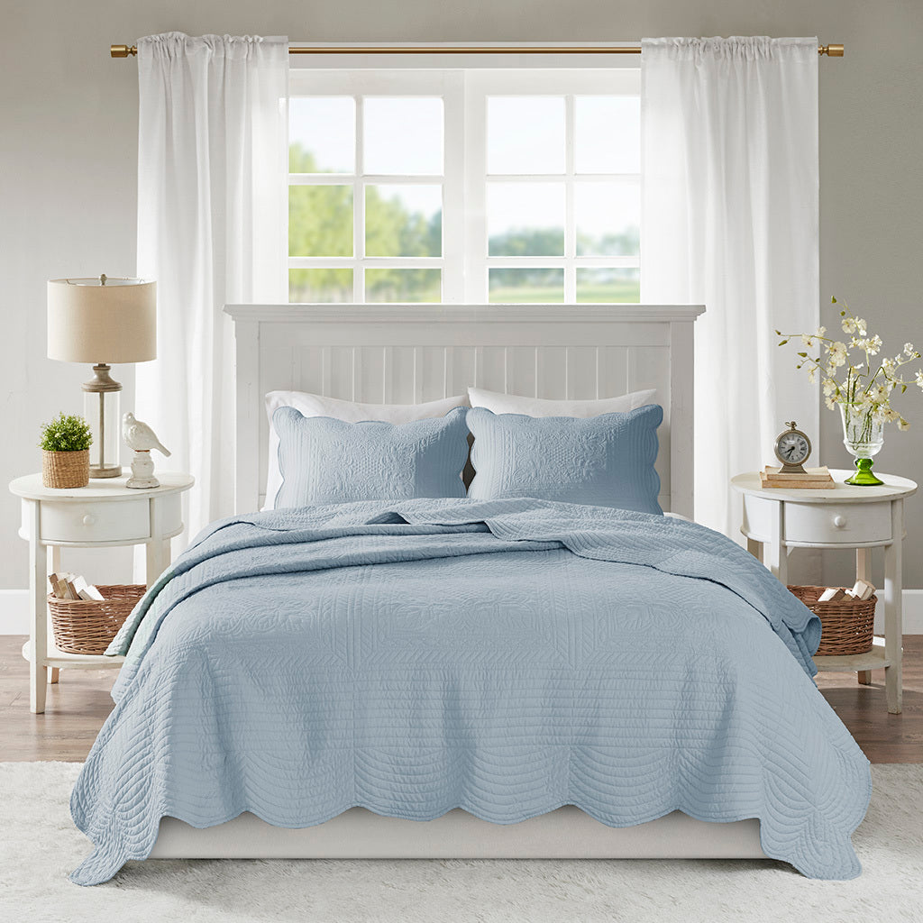 3 Piece Reversible Scalloped Edge Quilt Set - Blue King/Cal King by HouseOfZazla on Tampa Home & Garden Store