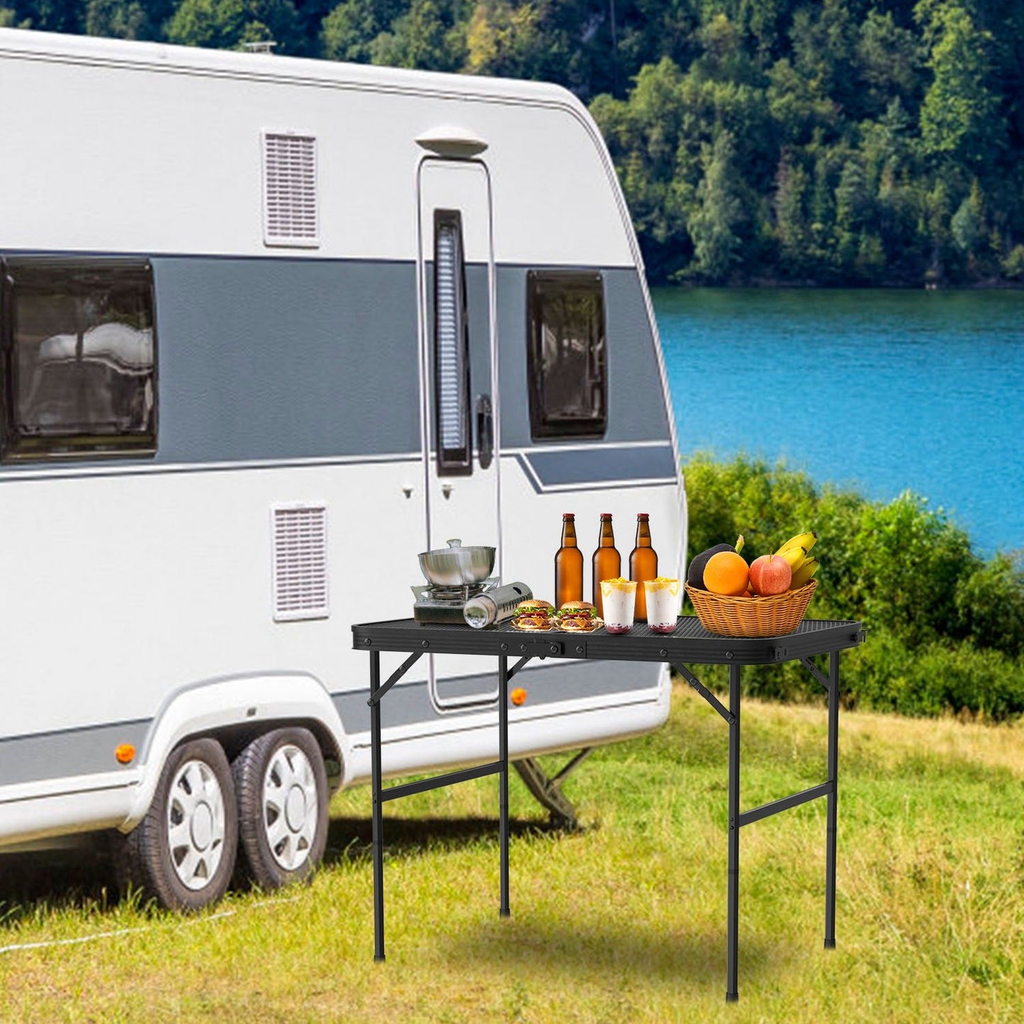 GemGear foldable camping table with aluminum legs for outdoor BBQ setups with 4 bottles on Tampa Home & Garden Store