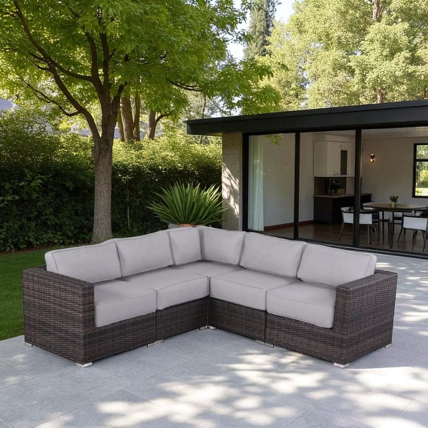 Wicker patio sectional with light gray Sunbrella cushions, weather resistant, Unique Piece on Tampa Home & Garden Store