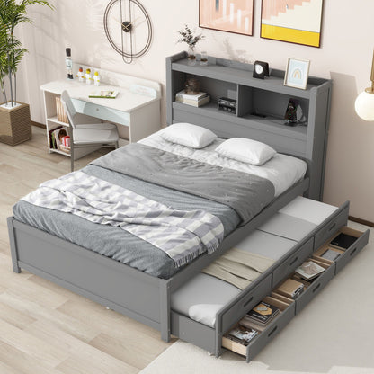 Full-size gray platform bed with built-in shelves, trundle and under-bed drawers on Tampa Home & Garden Store