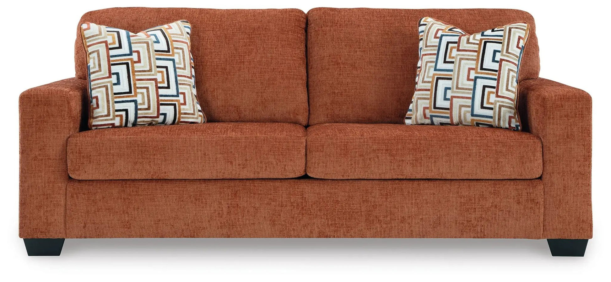 Aviemore sofa burnt orange textured fabric two-seat with two geometric-pattern throw pillows on Tampa Home & Garden Store
