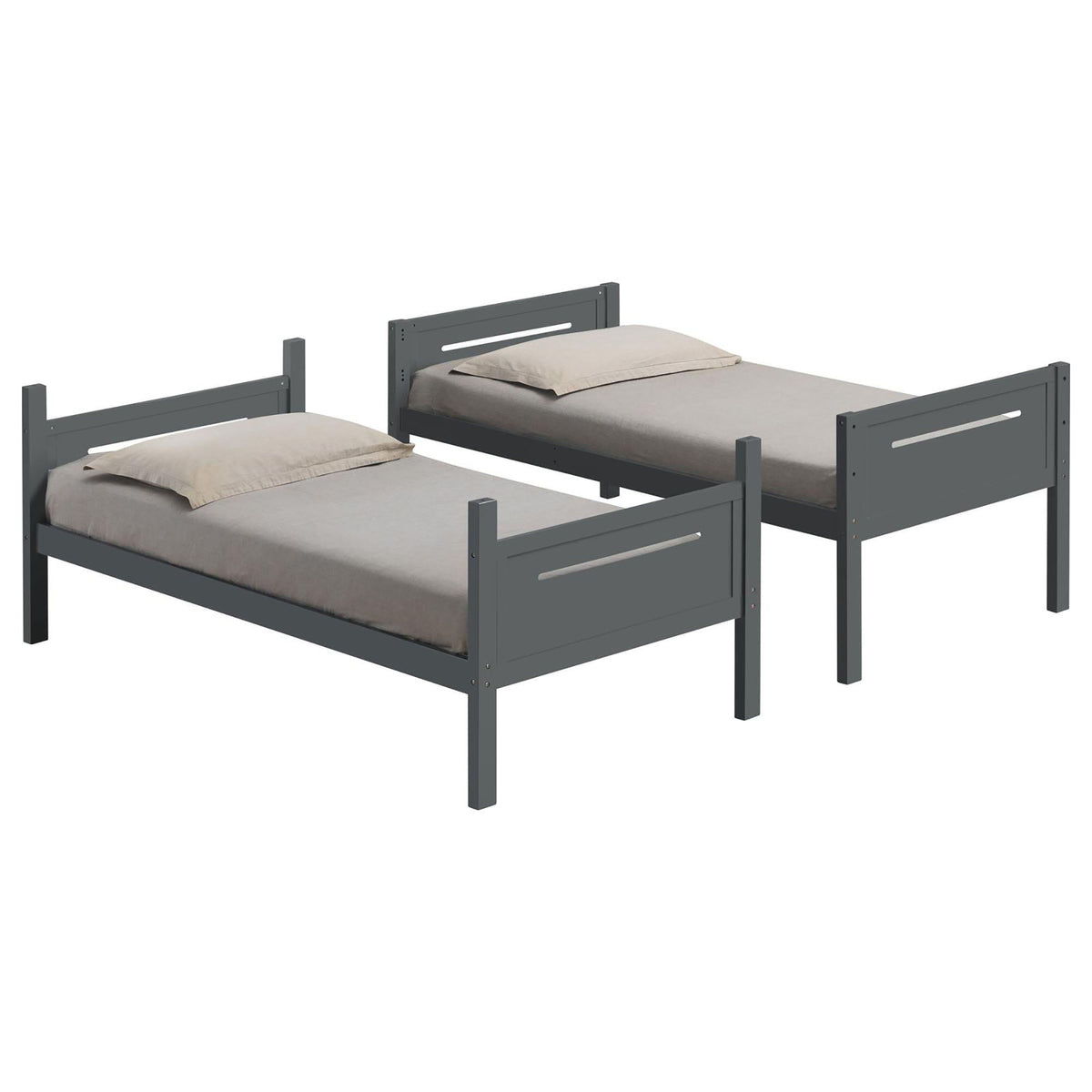 Bunk beds by HouseOfZazla, 2 gray twin frames with built-in ladder, guardrails and angled access step on Tampa Home & Garden Store
