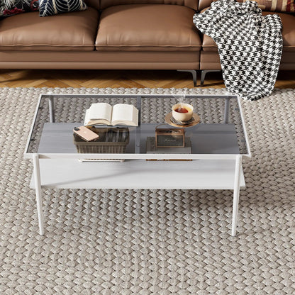 Rectangle coffee table with tempered glass top and metal legs before brown leather sofa on Tampa Home & Garden Store