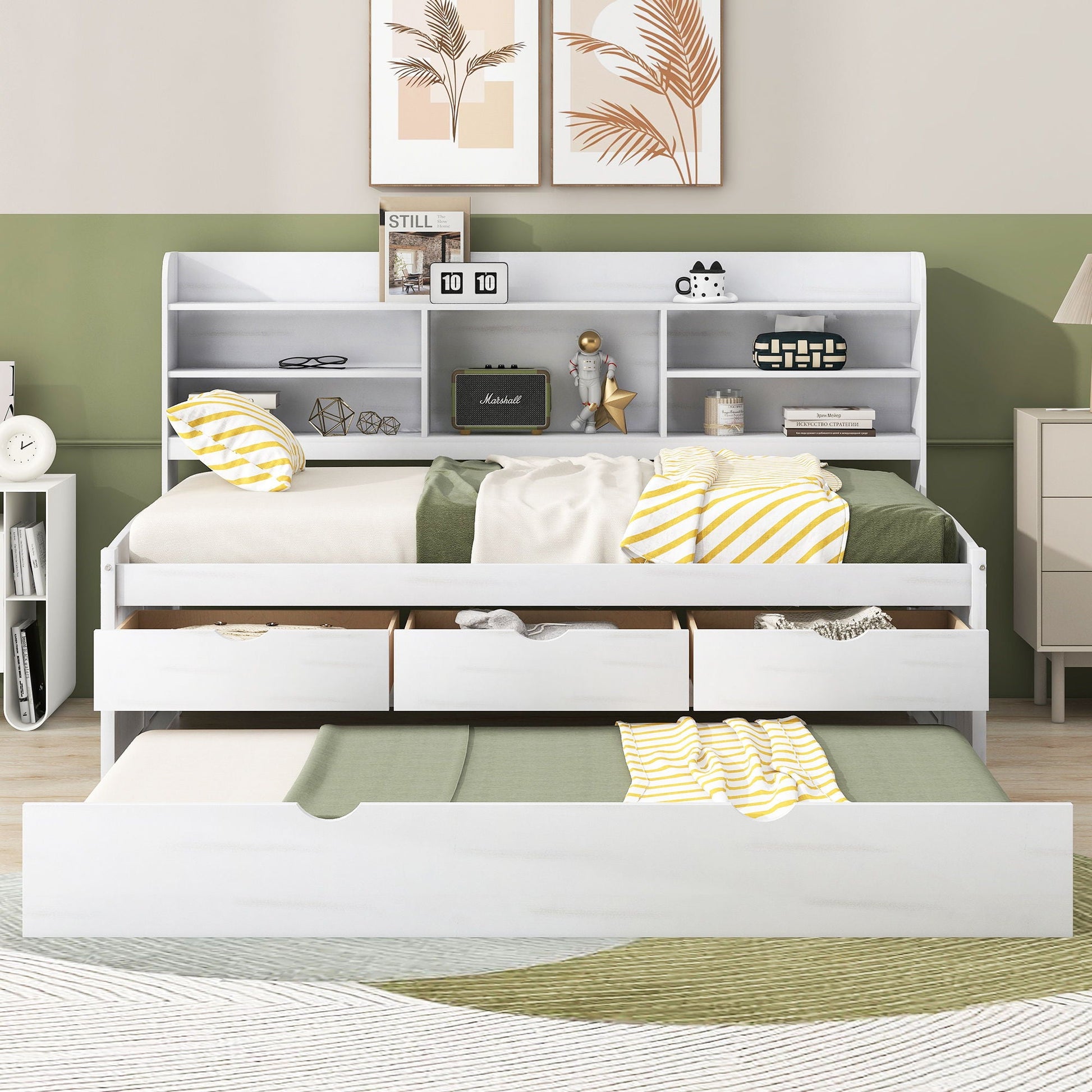 Captain Bed with Built-In Bookshelves, 3 Storage Drawers, Trundle, white HouseOfZazla on Tampa Home & Garden Store