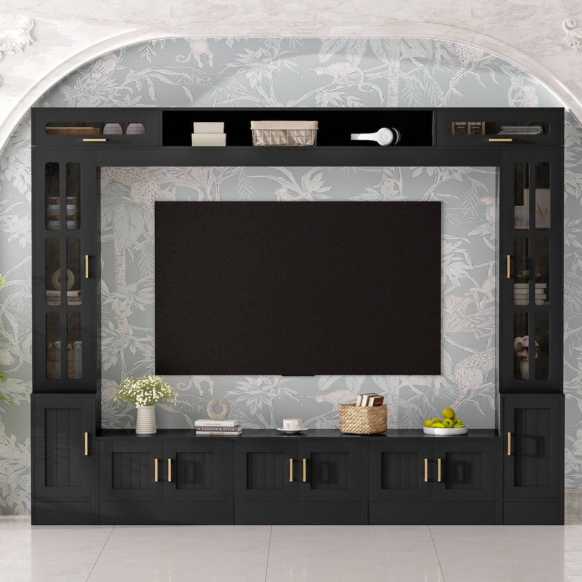 Wall Unit Entertainment Center with Glass Doors black finish, gold hardware HouseOfZazla on Tampa Home & Garden Store