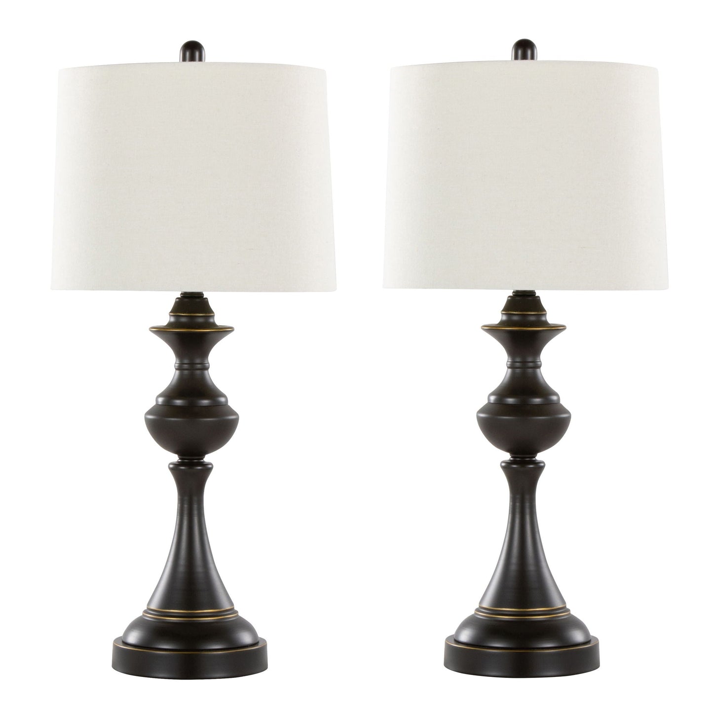 Montgomery contemporary table lamp set (2) dark bronze bases white drum shades HouseOfZazla on Tampa Home & Garden Store