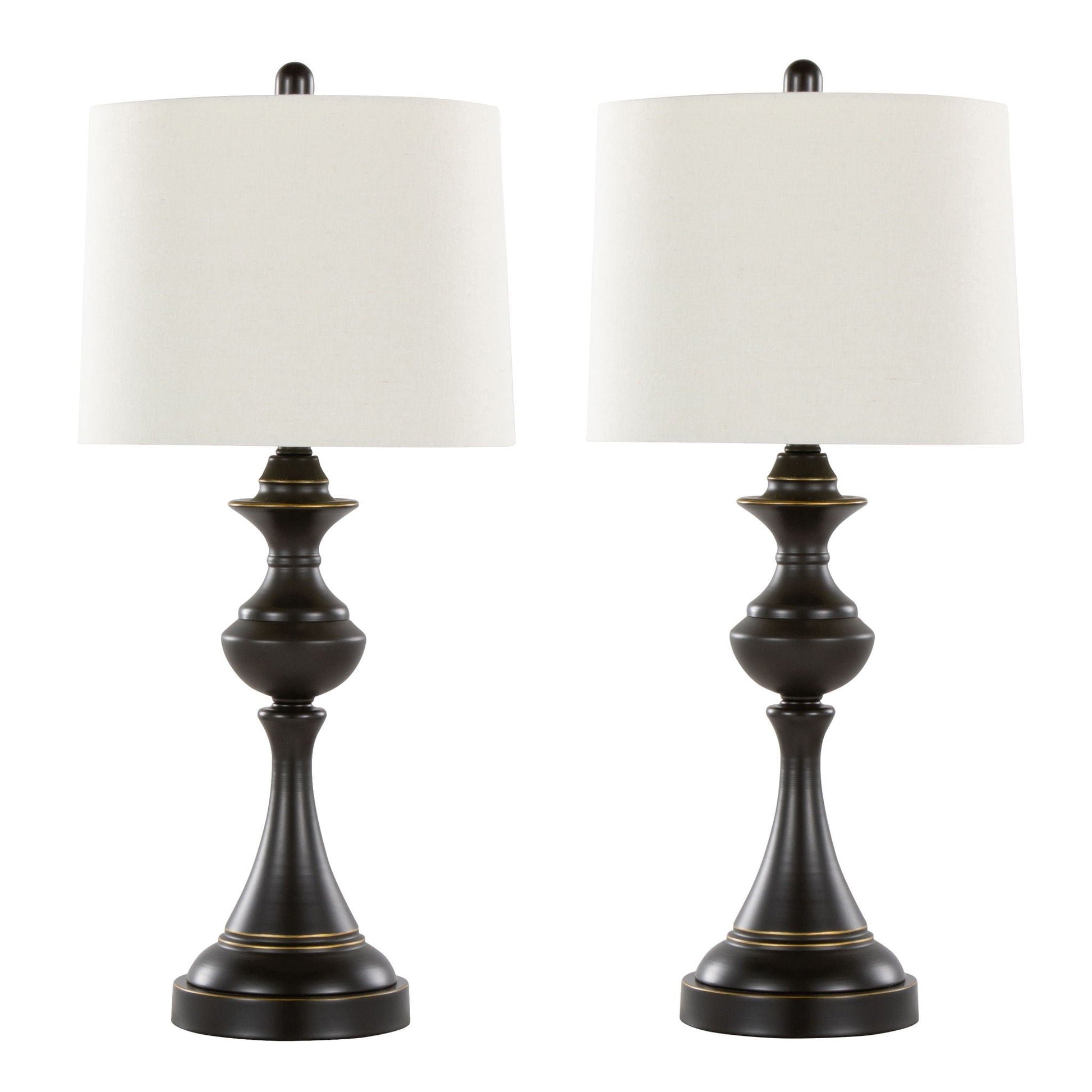 Montgomery contemporary table lamp set (2) dark bronze bases white drum shades HouseOfZazla on Tampa Home & Garden Store