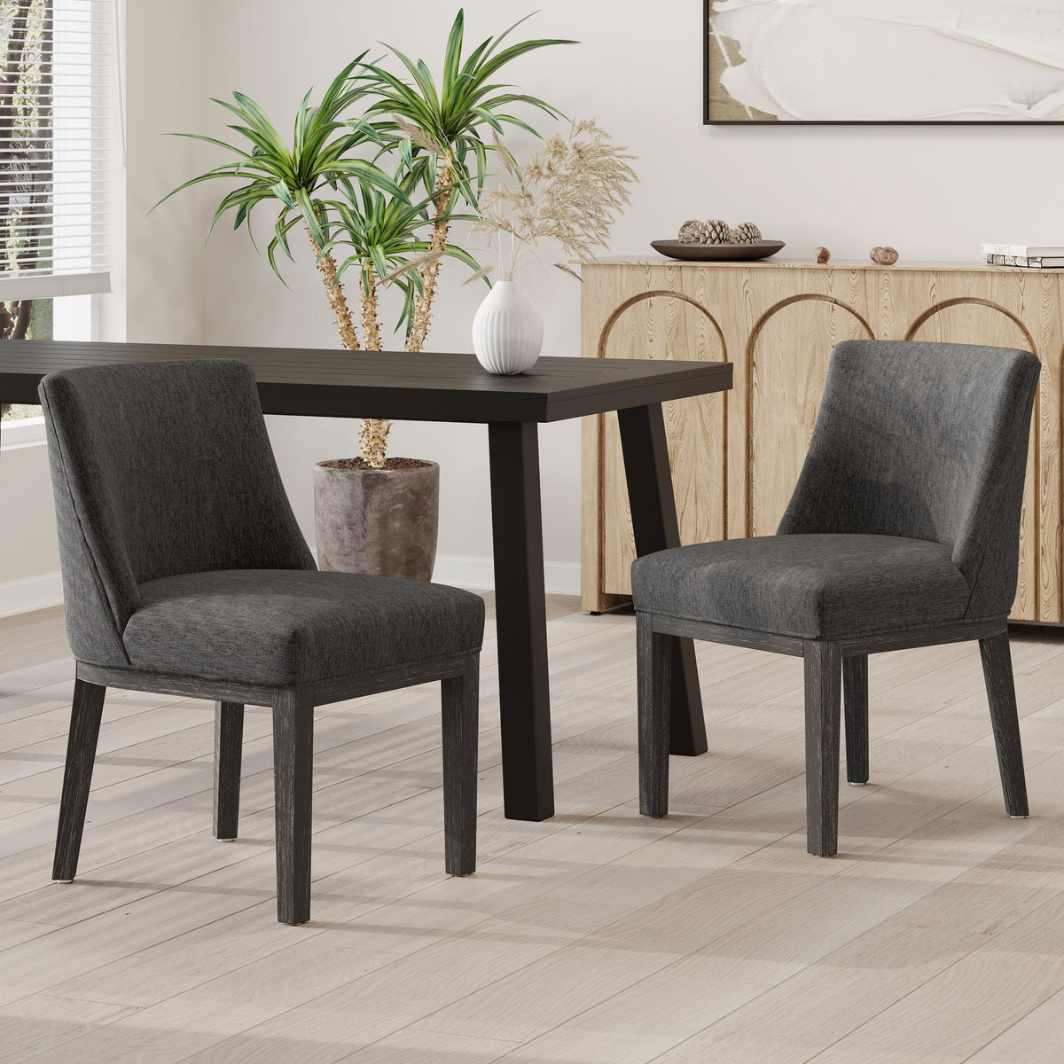 Modern dining chair set with dark grey fabric upholstery and wooden frames, set of 2 on Tampa Home & Garden Store