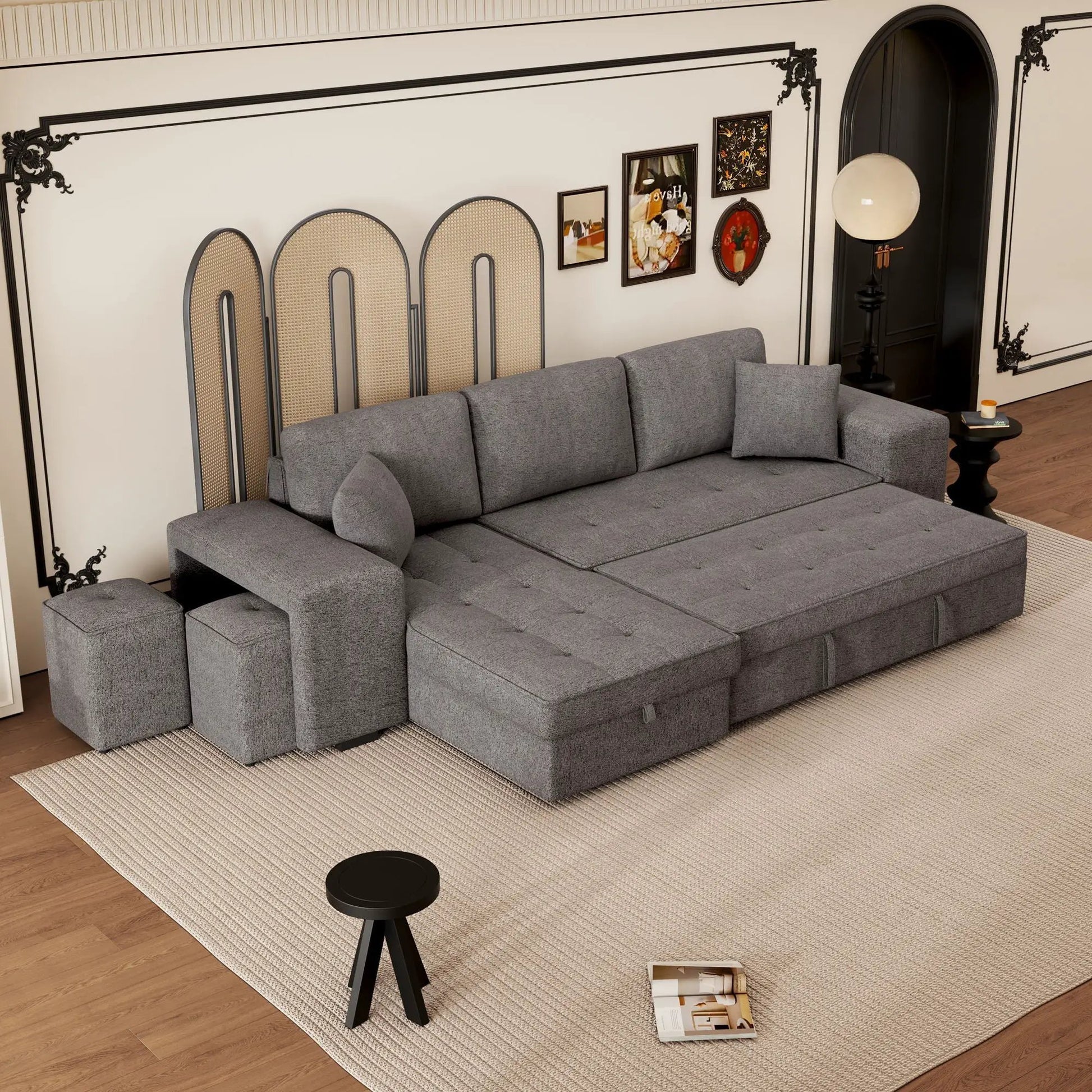 Gray fabric Modern L-shaped 3-seat reversible sleeper sectional with storage chaise and 2 stools on Tampa Home & Garden Store