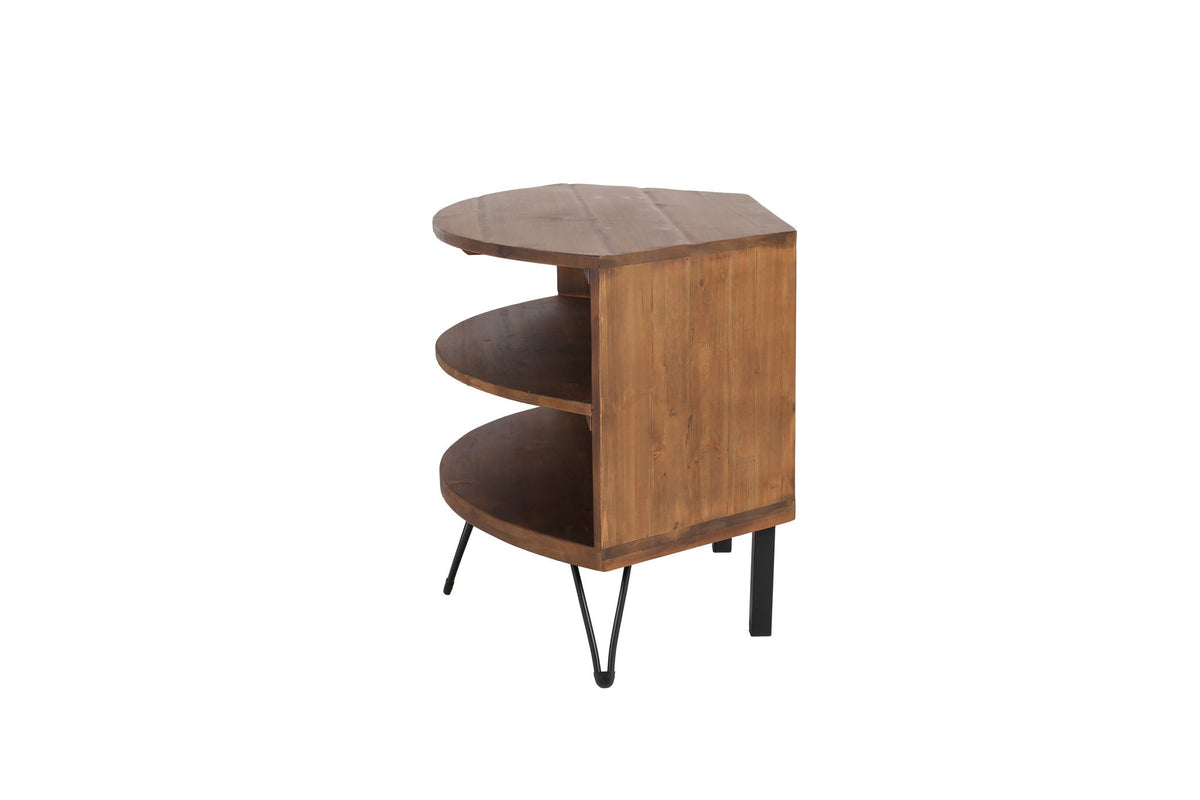 Fan Shape Reclaimed Wood Corner Media Table with circular shelves and black metal legs on Tampa Home & Garden Store
