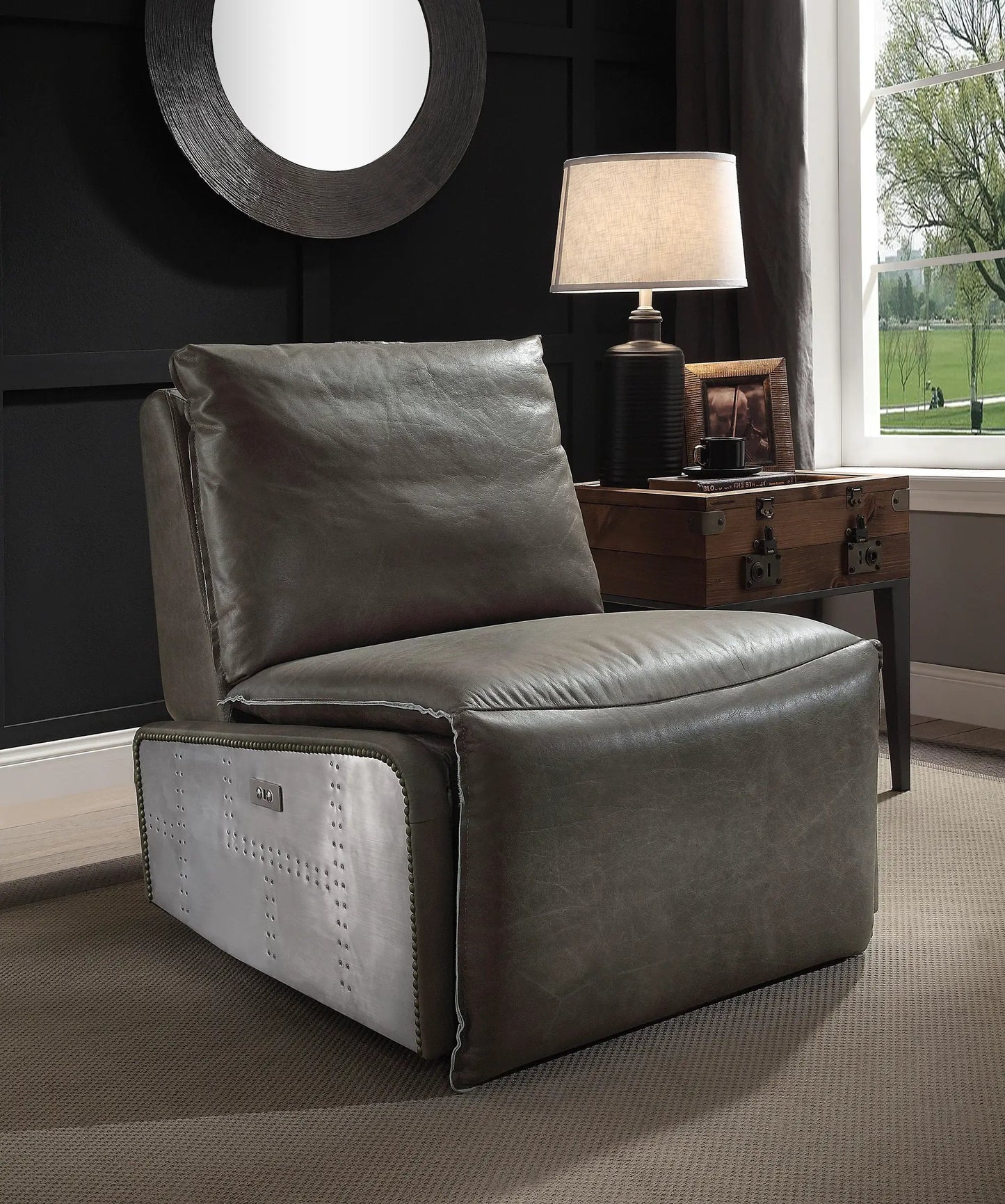 Metier Power Motion Recliner gray aluminum leather upholstery with riveted metal base on Tampa Home & Garden Store