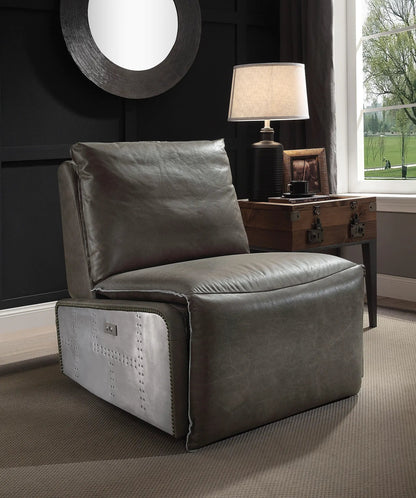 Metier Power Motion Recliner gray aluminum leather upholstery with riveted metal base on Tampa Home & Garden Store