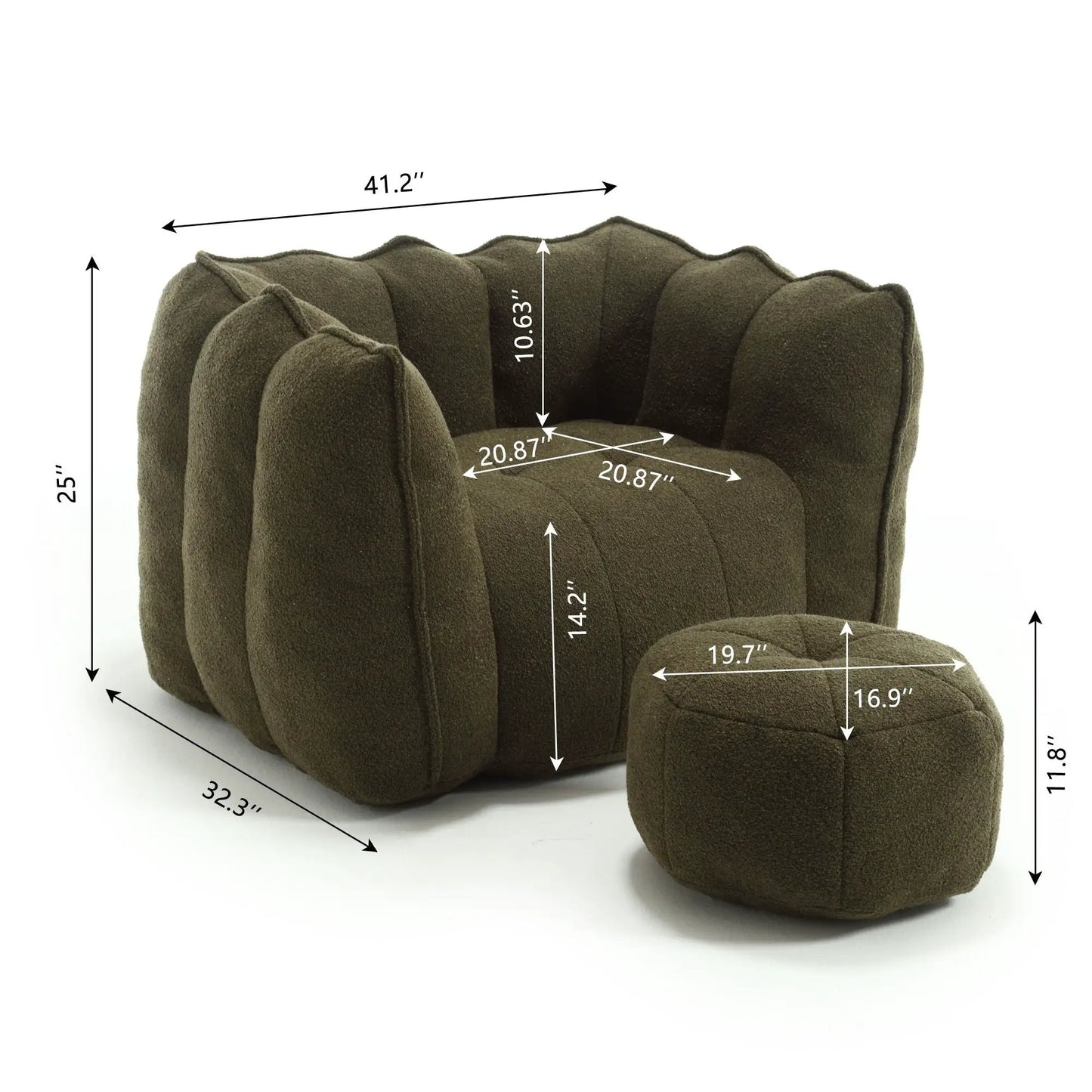 Soft bean bag chair with high resilient foam and ottoman olive fabric by Unique Piece Furniture on Tampa Home & Garden Store