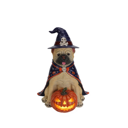 Halloween Bulldog Witch Statue with LED light-up pumpkin, navy cape by HouseOfZazla on Tampa Home & Garden Store