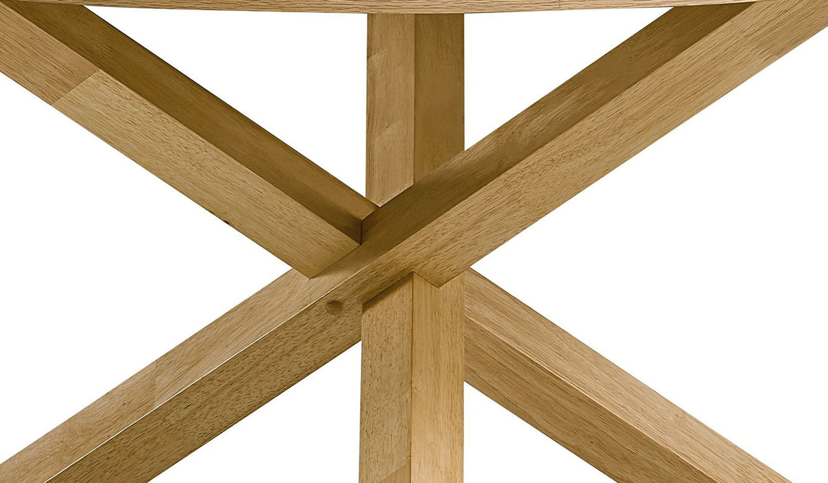 Kasem round dining table with solid oak wood base featuring an X-cross leg design on Tampa Home & Garden Store
