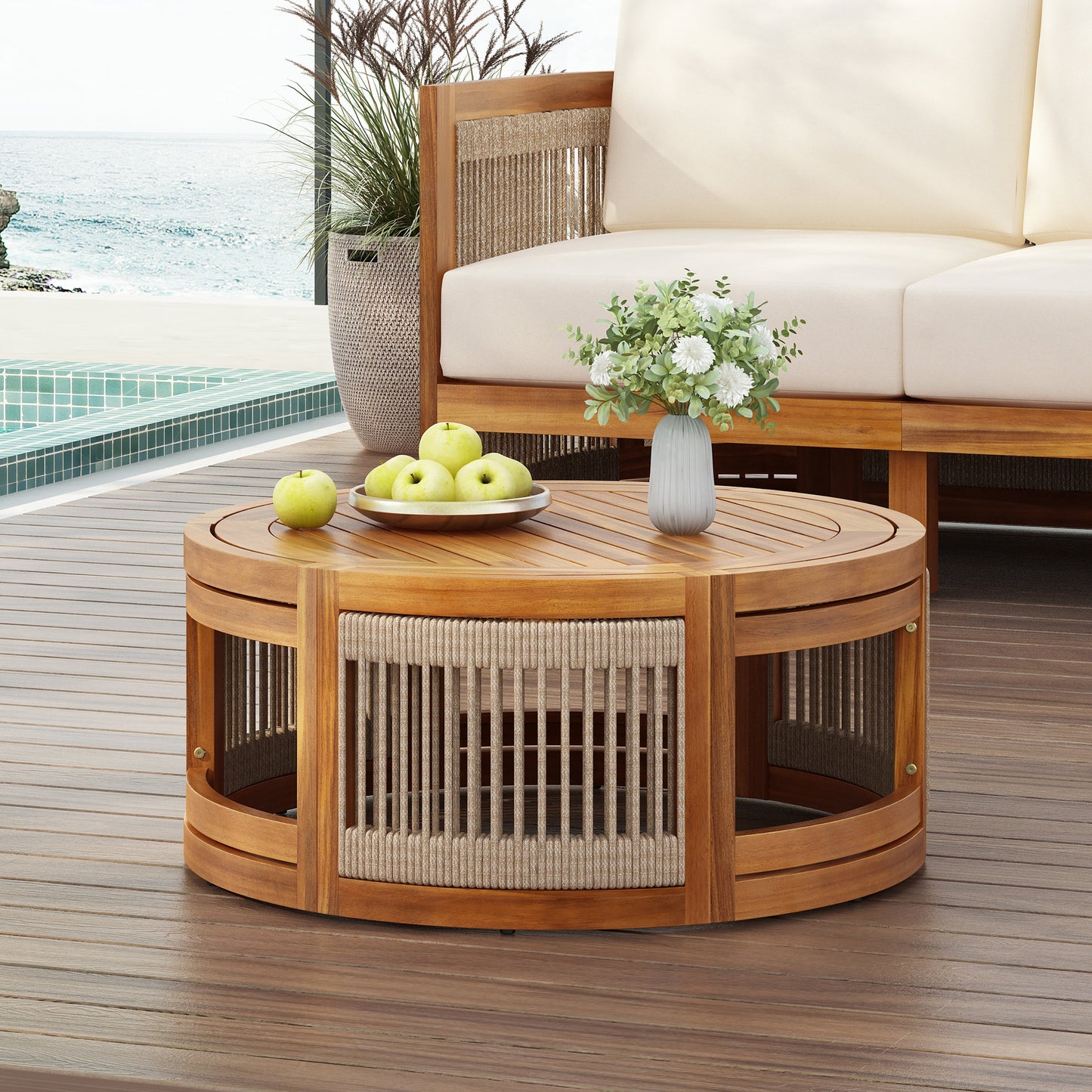 Acacia wood outdoor coffee table with handwoven rope accent by HouseOfZazla, round, warm brown on Tampa Home & Garden Store
