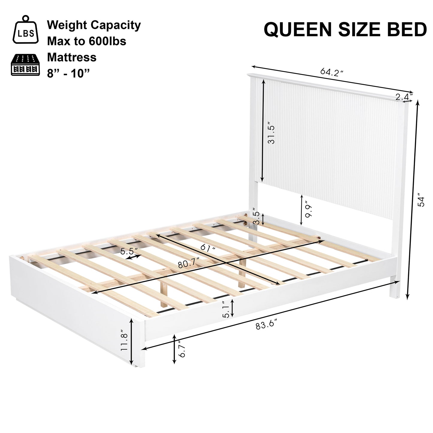 Sleek White Queen Bed Frame and Solid Wood Base