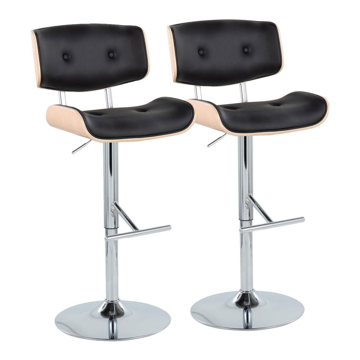 Contemporary adjustable barstool set with swivel, black seats, wood frames, 2 stools on Tampa Home & Garden Store