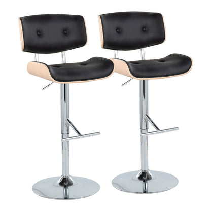 Contemporary adjustable barstool set with swivel, black seats, wood frames, 2 stools on Tampa Home & Garden Store