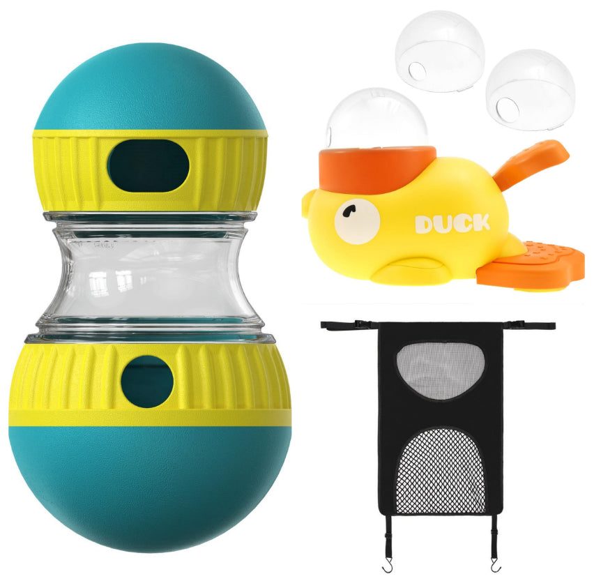 Food-dispensing dog toy tumbler ball teal and yellow with duck toy and mesh bag on Tampa Home & Garden Store