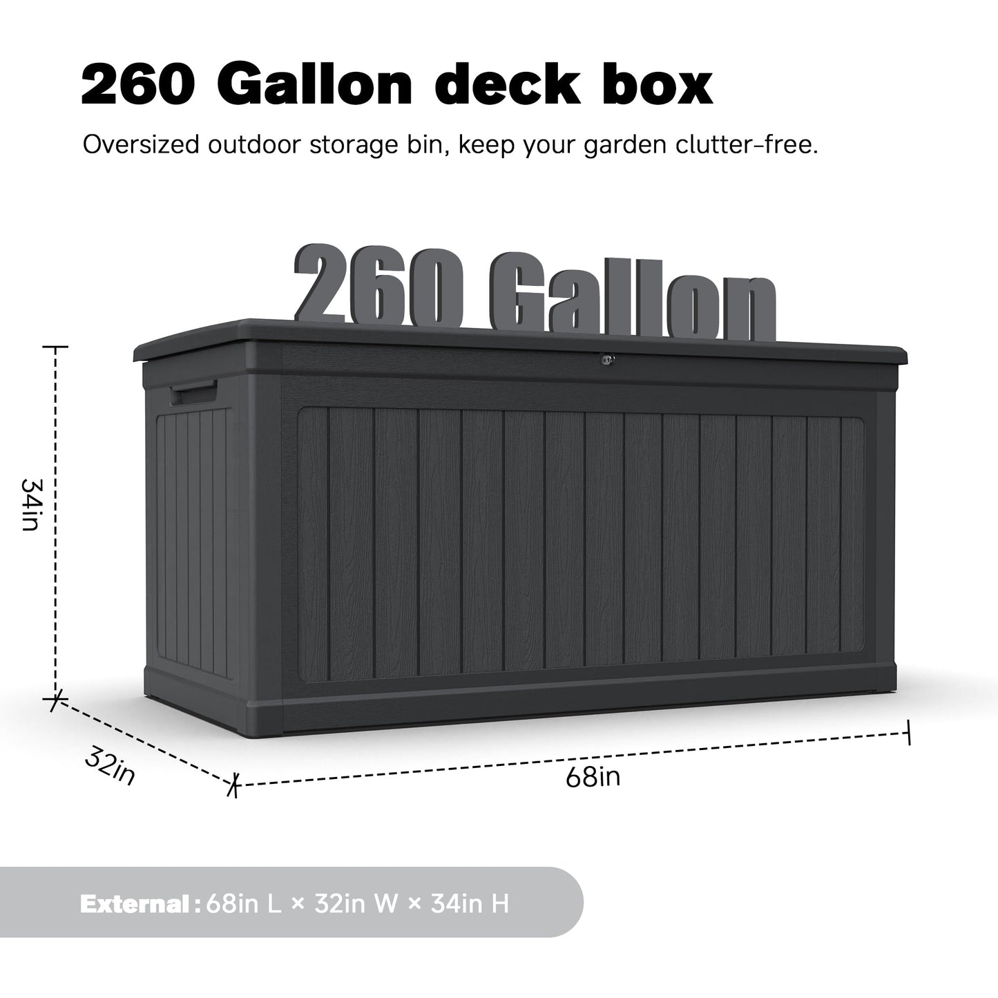 260 Gallon Outdoor Storage Deck Box With Lid And Lock