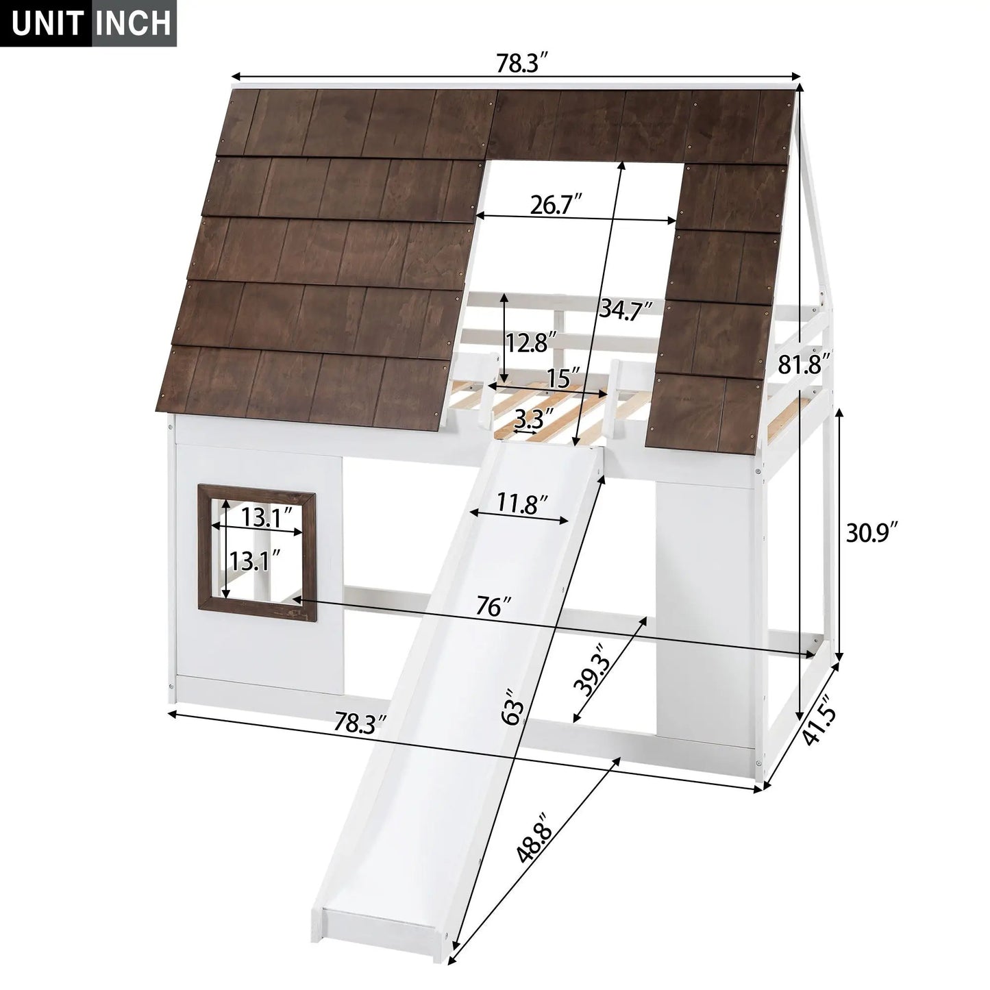 Wood twin-size house bunk bed with roof, ladder and slide white brown by Unique Piece Furniture on Tampa Home & Garden Store