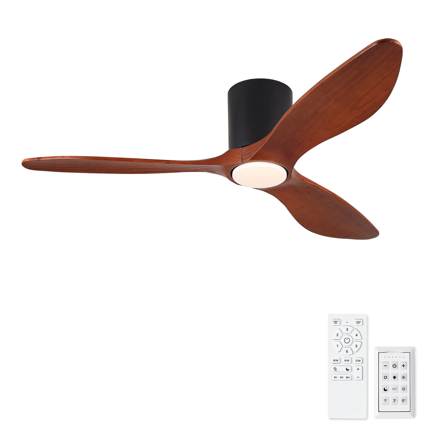 Low profile ceiling fan with light and matte black motor, wood blades, 2 remotes included on Tampa Home & Garden Store