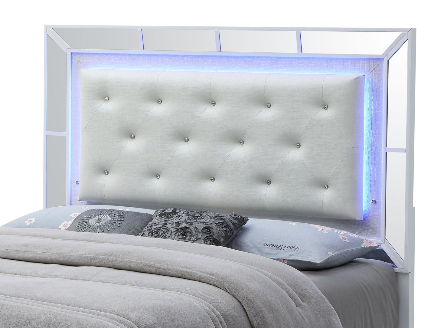 Elegant Modern Contemporary Bed with gray tufted upholstery and mirrored frame with blue LED on Tampa Home & Garden Store