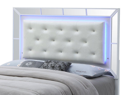 Elegant Modern Contemporary Bed with gray tufted upholstery and mirrored frame with blue LED on Tampa Home & Garden Store