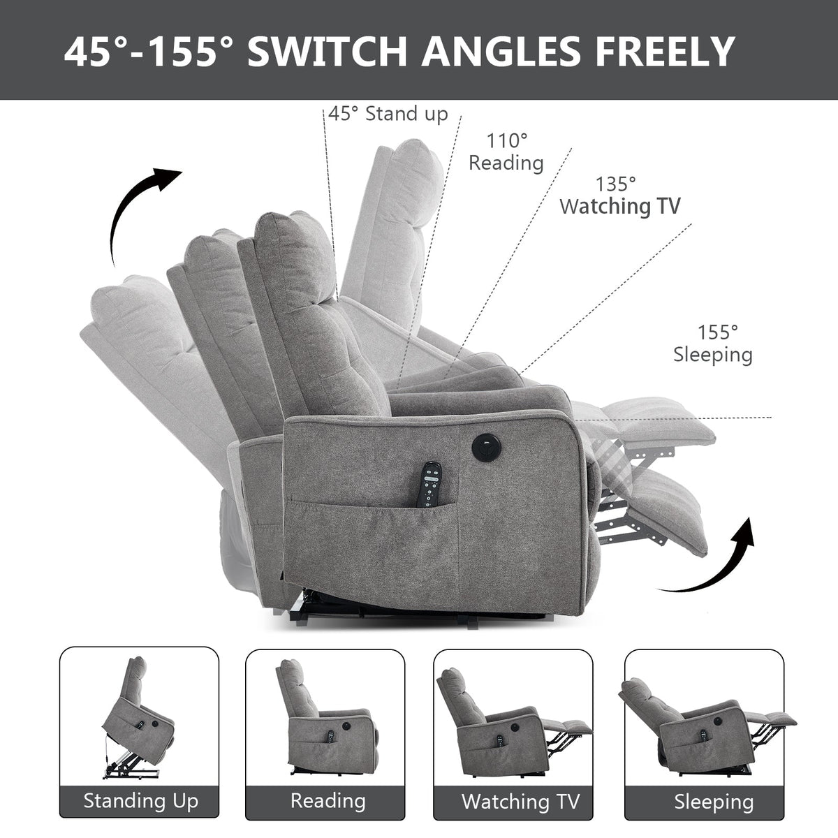 Comfortmax Lift Recliner Chair by HouseOfZazla in gray fabric with remote pocket on Tampa Home & Garden Store