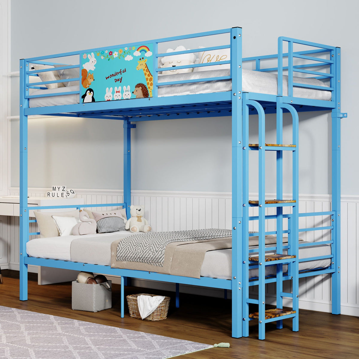 Bunk bed blue by HouseOfZazla, convertible to two twin beds with full-length guard rails and ladder on Tampa Home & Garden Store
